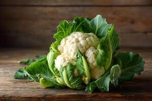 Detailed close-up of fresh cauliflower featuring intricate curds and vibrant green leaves on a rustic wooden background. photo