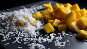 Diced mango pieces elegantly arranged on a dark slate plate and topped with generous coconut shavings. photo