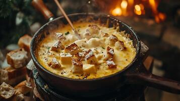 Swiss Fondue Indulgence Melted Cheese and Bread Cubes photo