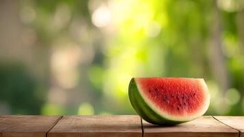 Refreshing watermelon slice resting on a rustic wooden table with a sunny summer scene. photo