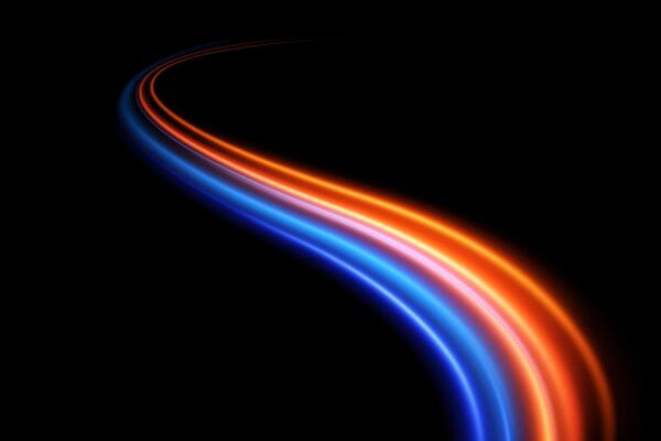 Discover the mesmerizing Curved Light Trails in vivid Blue and Orange against a striking Black Background