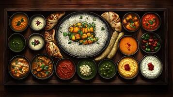 Colorful Thali Feast Assorted Curries and Breads Galore photo