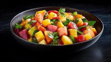Fresh Fruit Salad Bowl Tropical Fruits and Light Drizzle Healthy Australian Breakfast in High Res photo