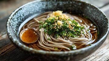 Zaru Soba Simplicity Chilled Buckwheat Noodles and Tangy Dip Minimalist Japanese Cuisine in High Res photo