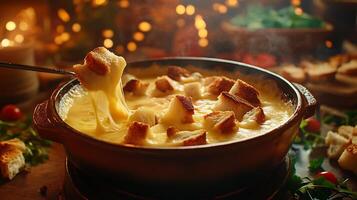 Swiss Cheese Fondue with Fresh Bread Cubes Gourmet Food Photography Scene, photo