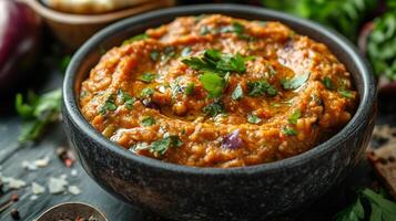 Eggplant Dip Creaminess Smooth Texture and Herbs Turkish Appetizer in Refined High Resolution photo