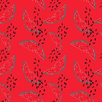 Summer watermelon trendy seamless pattern in childish doodle style, hand drawn in trendy colors. Watermelon, watermelon seeds, smiley, textures on red background vector