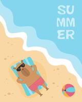 Summer poster with funny sunbathing capybara vector