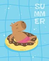 Summer poster with capybara relax in the pool vector