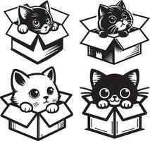 Cat Peeking From Box Outline Set in simple silhouette illustration for hiding pet bundle vector
