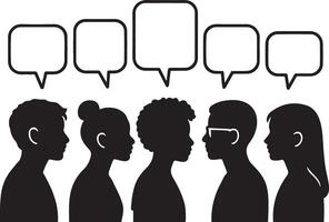 Diverse youth group with speech bubbles in black silhouette design and communication illustration vector