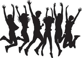 Happy boys and girls jumping together in joyful silhouette design for celebration illustration vector