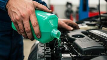 Mechanic pouring antifreeze liquid into car radiator, great for workshop tutorials or service promos. photo
