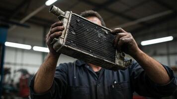 Old leaky car radiator. Greasy hands holding old leaking radiator, great for illustrating engine problems or car part failure. photo