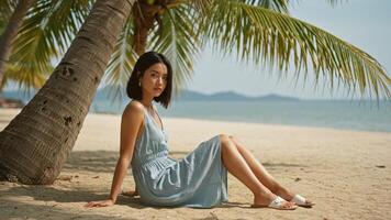 Bob hairstyle. Tranquil tropical coast with bob-haired woman seated in shadow, ideal for retreat ads or beauty editorials. photo