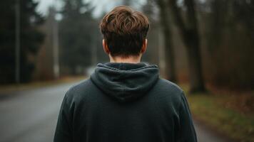 Guy in hoodie, ideal for introspective content, youth branding, or fashion editorials. photo