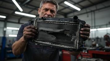 Old leaky car radiator. Dirty and leaking radiator close-up held by mechanic, suitable for car repair tutorials or guides. photo