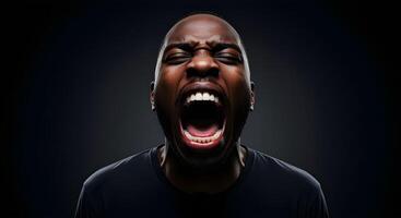 Man expressing intense emotion with a loud scream in a dark setting during a moment of release photo