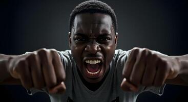 Man expresses intense emotion with clenched fists and a fierce scream in a dark setting photo