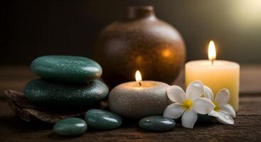Relaxing spa arrangement with candles, stones, and flowers creating a calming atmosphere photo