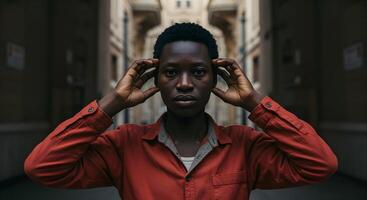 Young individual expressing emotions while standing in an urban alleyway during the day in a vibrant red shirt photo