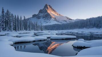 Winter wonderland with snow-covered mountains and a tranquil lake at dawn in a forest landscape photo