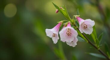 Delicate pink bell-shaped flowers bloom on a green shrub in the garden during springtime photo