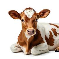 Adorable Calf Relaxing in Farmyard with Soft Fur and Playful Eyes photo