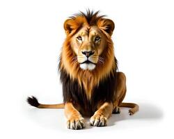 Majestic Lion Resting with Intense Gaze on White Background photo