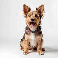 Happy Small Dog with Fluffy Fur and Playful Expression in Studio photo