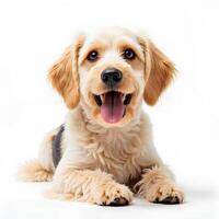 Happy Golden Retriever Puppy with Playful Expression on White Background photo