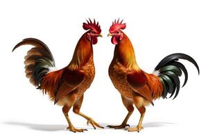 Two Vibrant Roosters with Colorful Plumes in Studio Setting photo