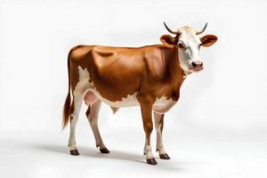 Brown Dairy Cow Standing Alone on White Background in Studio Setting photo