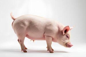 Cute Pink Piglet Standing on White Background in Studio Lighting photo