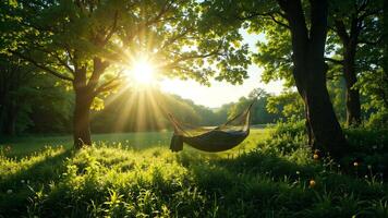 Serene Hammock Nestled Between Trees at Sunrise in a Tranquil Meadow photo