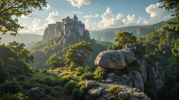 Serene Mountain Landscape with Castle and Lush Greenery in Sunset photo