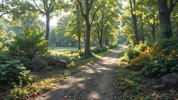 Serene Sunlit Pathway Through Lush Green Forest Landscape photo