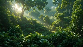 Lush Green Forest with Sunlight Streaming Through Trees and Foliage photo