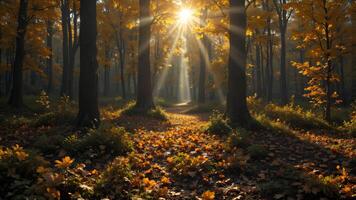 Sunlight Filtering Through Autumn Trees in a Serene Forest Path photo