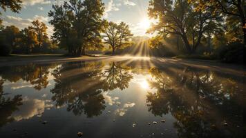 Serene Morning Reflections in Calm Water with Sunlight Rays photo