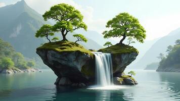 Tranquil Waterfall Flowing from Rock Island Surrounded by Lush Trees photo