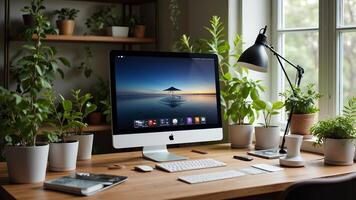 Modern Workspace with Desktop Computer and Indoor Plants photo