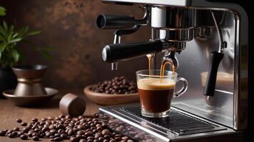 Freshly Brewed Espresso with Coffee Beans and Elegant Setup photo