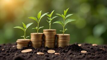Growing Investments with Coins and Green Plants on Soil Background photo