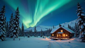 Cozy Cabin Under the Magical Aurora Borealis in Winter Night photo