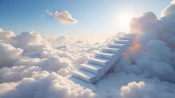 Serene Staircase Ascending Through Fluffy Clouds to Bright Horizon photo