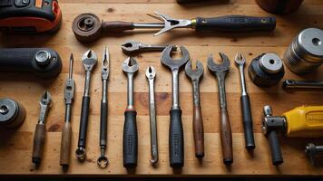 Collection of Hand Tools on a Wooden Workbench Surface photo