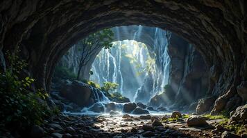 Serene Cave Waterfall with Rays of Light Illuminating Nature's Beauty photo