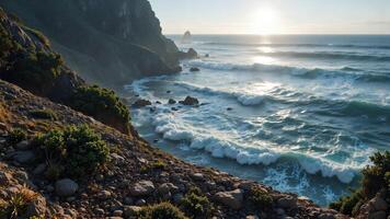 Serene Coastal Landscape with Waves and Rocky Outcrops at Sunset photo