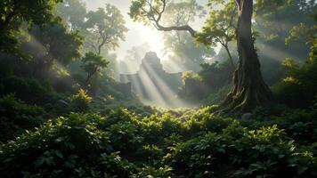 Enchanted Forest Illumination with Ancient Ruins and Sunlight Beams photo